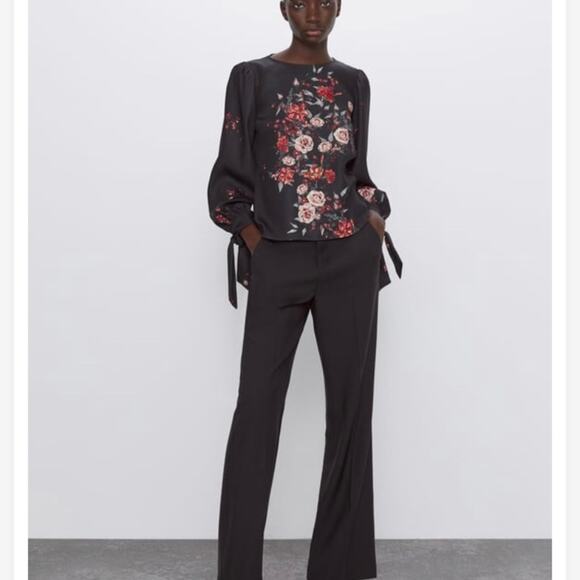 Zara black floral print top with ties at sleeve size XS - Picture 5 of 5